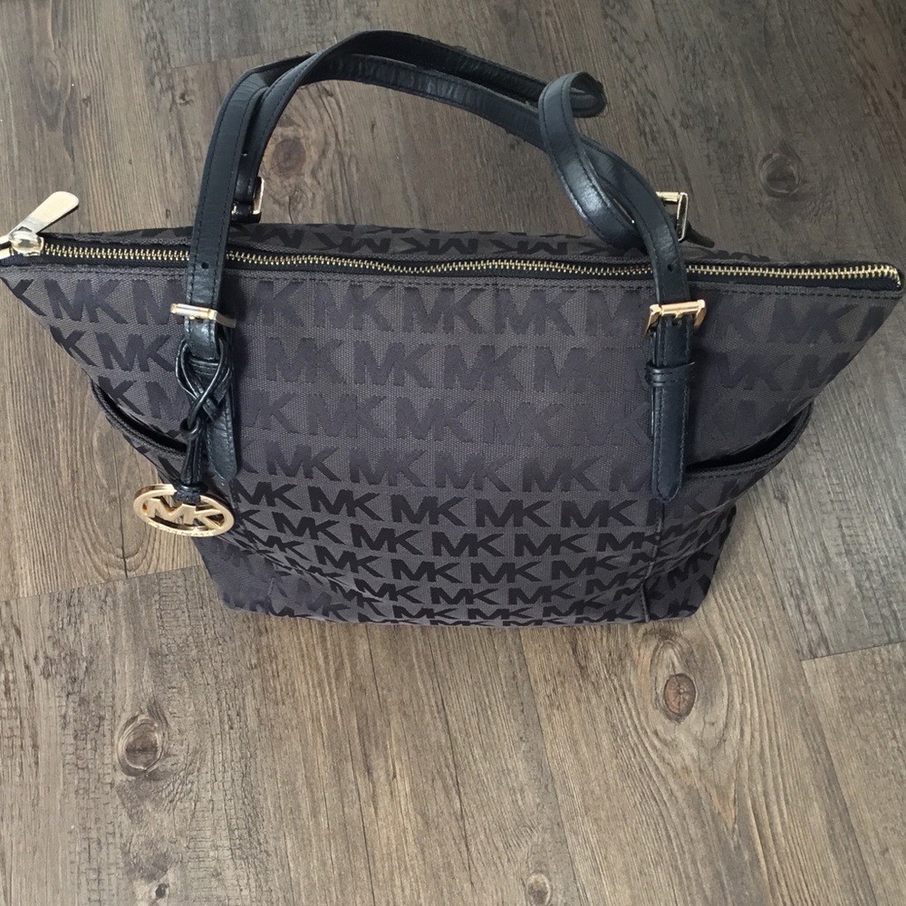 Michael Kors Dark Brown and Black MK Logo Tote with Gold Accent
